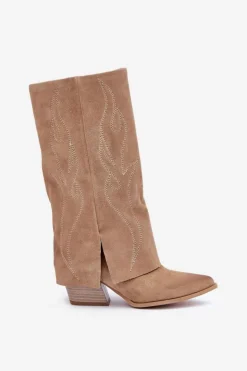 Damskie Zazoo Zamszowe Kozaki Do Połowy Łydki Z Wywiniętą Cholewką Na Słupku Beżowe 3487