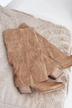 Damskie Zazoo Zamszowe Kozaki Do Połowy Łydki Z Wywiniętą Cholewką Na Słupku Beżowe 3487