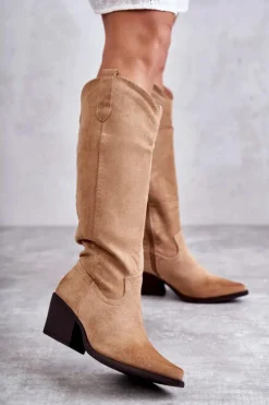 Damskie Boto Zamszowe Kozaki Kowbojki Beżowe Casey