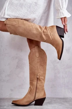 Damskie Boto Zamszowe Kozaki Kowbojki Beżowe Casey