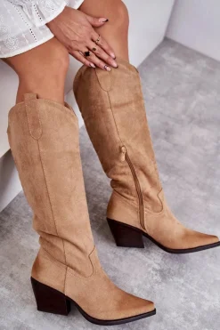 Damskie Boto Zamszowe Kozaki Kowbojki Beżowe Casey