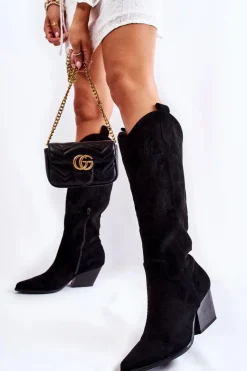 Best Boto Zamszowe Kozaki Kowbojki Z Przeszyciami Czarne Beverly