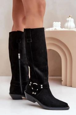 Best Zazoo Zamszowe Kozaki Kowbojki Na Niskim Obcasie Z Ozdobą 3656 Czarne