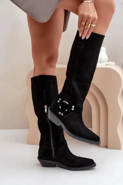 Best Zazoo Zamszowe Kozaki Kowbojki Na Niskim Obcasie Z Ozdobą 3656 Czarne