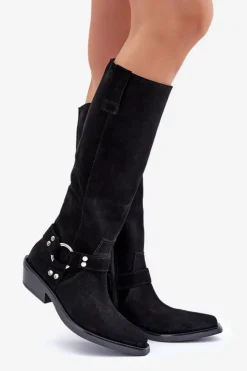 Best Zazoo Zamszowe Kozaki Kowbojki Na Niskim Obcasie Z Ozdobą 3656 Czarne