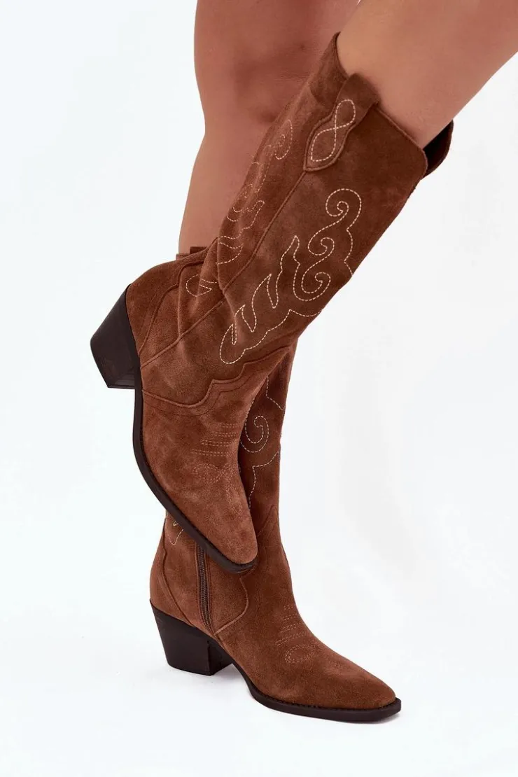Clearance Zazoo Zamszowe Kozaki Kowbojki Damskie Na Obcasie Camel Karira Brązowy