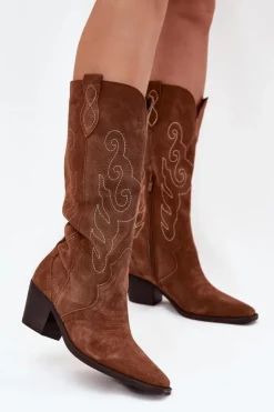 Clearance Zazoo Zamszowe Kozaki Kowbojki Damskie Na Obcasie Camel Karira Brązowy