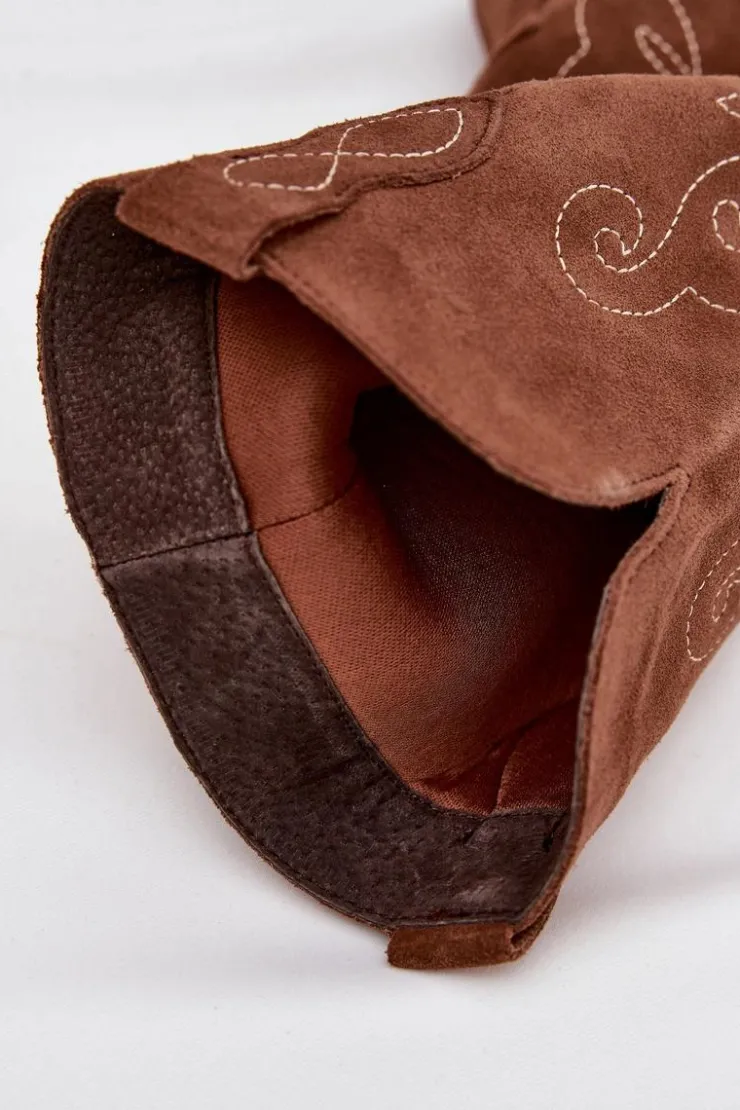 Clearance Zazoo Zamszowe Kozaki Kowbojki Damskie Na Obcasie Camel Karira Brązowy