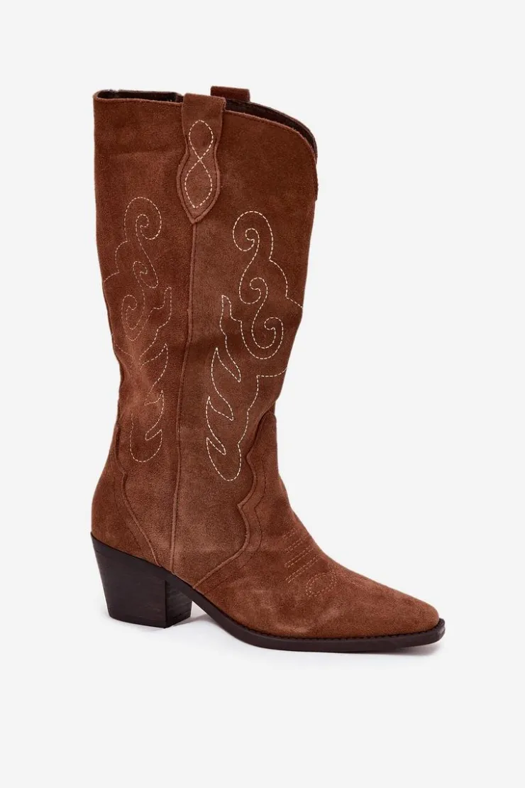 Clearance Zazoo Zamszowe Kozaki Kowbojki Damskie Na Obcasie Camel Karira Brązowy