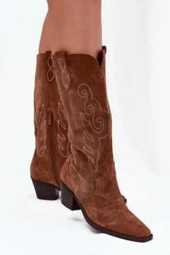 Clearance Zazoo Zamszowe Kozaki Kowbojki Damskie Na Obcasie Camel Karira Brązowy