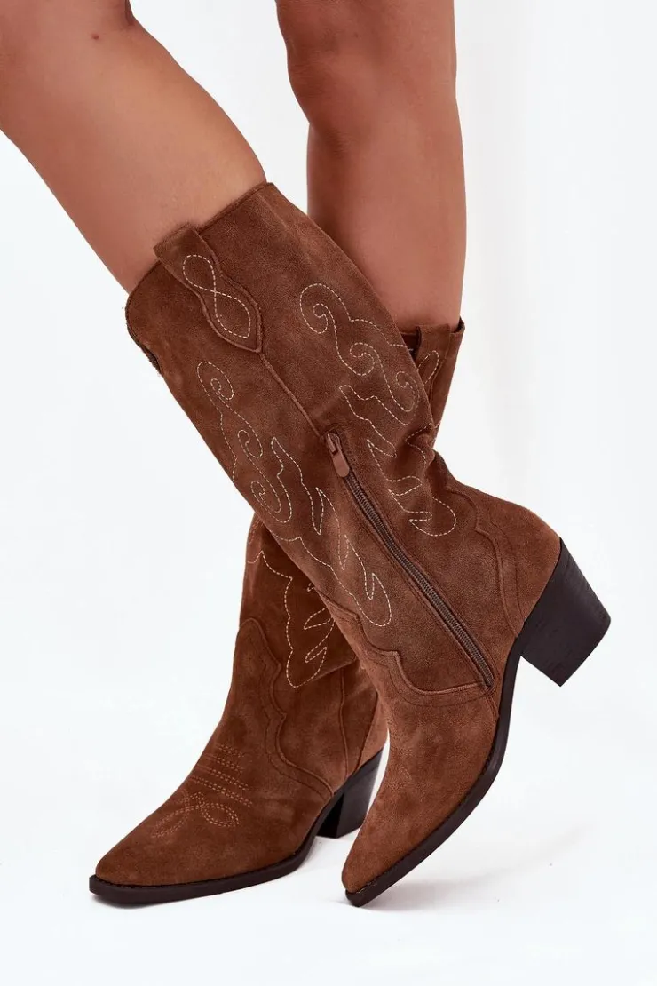 Clearance Zazoo Zamszowe Kozaki Kowbojki Damskie Na Obcasie Camel Karira Brązowy
