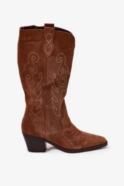 Clearance Zazoo Zamszowe Kozaki Kowbojki Damskie Na Obcasie Camel Karira Brązowy