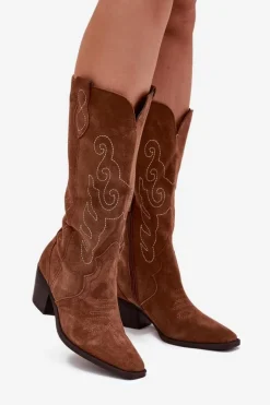Clearance Zazoo Zamszowe Kozaki Kowbojki Damskie Na Obcasie Camel Karira Brązowy