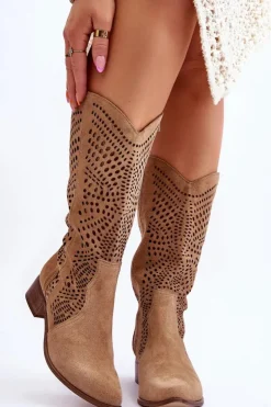 Damskie Zazoo Zamszowe Kozaki Kowbojki Przed Kolano Lewski Shoes 3305 Beżowe