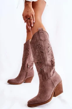 Damskie Boto Zamszowe Kozaki Kowbojki Z Ażurowym Wzorem Brązowe Naya