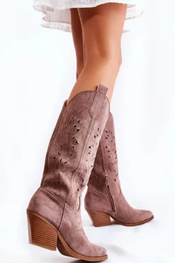 Damskie Boto Zamszowe Kozaki Kowbojki Z Ażurowym Wzorem Brązowe Naya