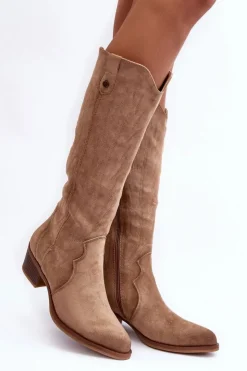 Boto Zamszowe Kozaki Kowbojki Na Niskim Obcasie Beżowe Lunah