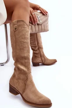 Boto Zamszowe Kozaki Kowbojki Na Niskim Obcasie Beżowe Lunah