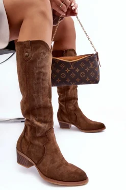 Damskie Boto Zamszowe Kozaki Kowbojki Na Niskim Obcasie Brązowe Lunah