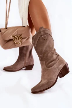 Damskie Boto Zamszowe Kozaki Kowbojki Lewski Shoes 3198 Cappucino