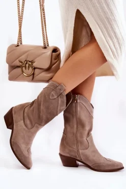 Damskie Boto Zamszowe Kozaki Kowbojki Lewski Shoes 3198 Cappucino