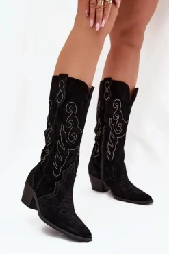 Zazoo Kozaki Ocieplane|Kozaki Na Słupku*Zamszowe Kozaki Kowbojki Damskie Na Obcasie Czarne Karira Czarny