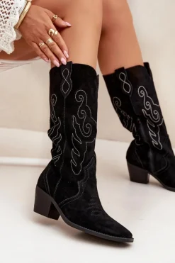 Zazoo Kozaki Ocieplane|Kozaki Na Słupku*Zamszowe Kozaki Kowbojki Damskie Na Obcasie Czarne Karira Czarny