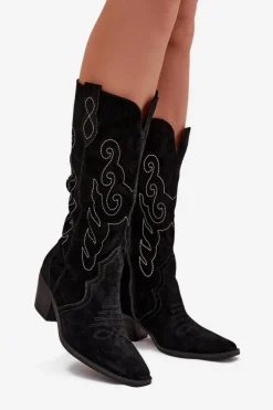 Zazoo Kozaki Ocieplane|Kozaki Na Słupku*Zamszowe Kozaki Kowbojki Damskie Na Obcasie Czarne Karira Czarny