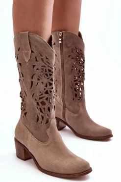 Boto Kozaki Wiosenne|Kozaki Ażurowe*Zamszowe Kozaki Kowbojki Ażurowe Ciemnobeżowe Lewski 3320