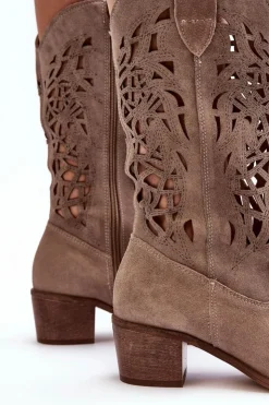 Boto Kozaki Wiosenne|Kozaki Ażurowe*Zamszowe Kozaki Kowbojki Ażurowe Ciemnobeżowe Lewski 3320