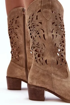 Boto Zamszowe Kozaki Kowbojki Ażurowe Beżowe Lewski 3320