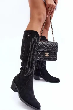 Sale Boto Zamszowe Kozaki Kowbojki Na Niskim Obcasie Czarne Lunah