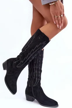 Sale Boto Zamszowe Kozaki Kowbojki Na Niskim Obcasie Czarne Lunah