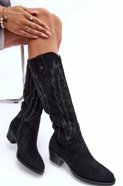 Sale Boto Zamszowe Kozaki Kowbojki Na Niskim Obcasie Czarne Lunah