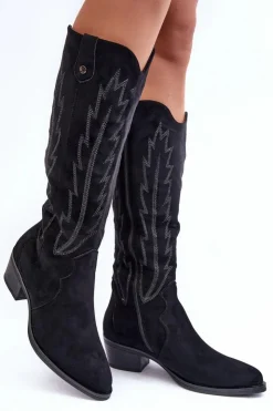 Sale Boto Zamszowe Kozaki Kowbojki Na Niskim Obcasie Czarne Lunah
