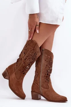 Damskie Boto Zamszowe Kozaki Kowbojki Ażurowe Brązowe Lewski 3320