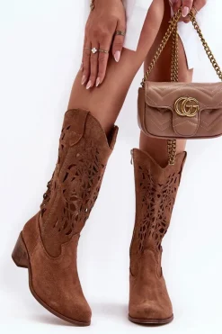 Damskie Boto Zamszowe Kozaki Kowbojki Ażurowe Brązowe Lewski 3320