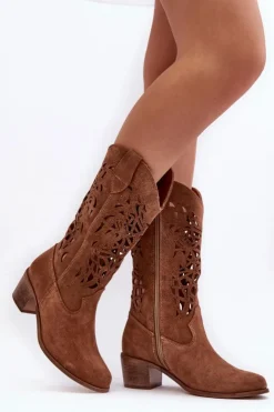 Damskie Boto Zamszowe Kozaki Kowbojki Ażurowe Brązowe Lewski 3320