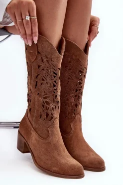 Damskie Boto Zamszowe Kozaki Kowbojki Ażurowe Brązowe Lewski 3320