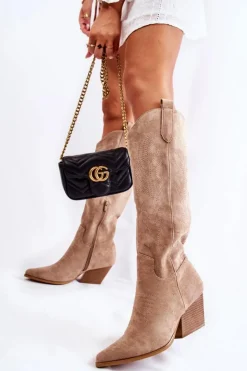 Boto Kozaki Wiosenne|Kozaki Przed Kolano*Zamszowe Kozaki Kowbojki Z Przeszyciami Ciemnobeżowe Beverly