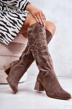 Damskie Boto Zamszowe Kozaki Lewski Ażurowe Brązowe Romena