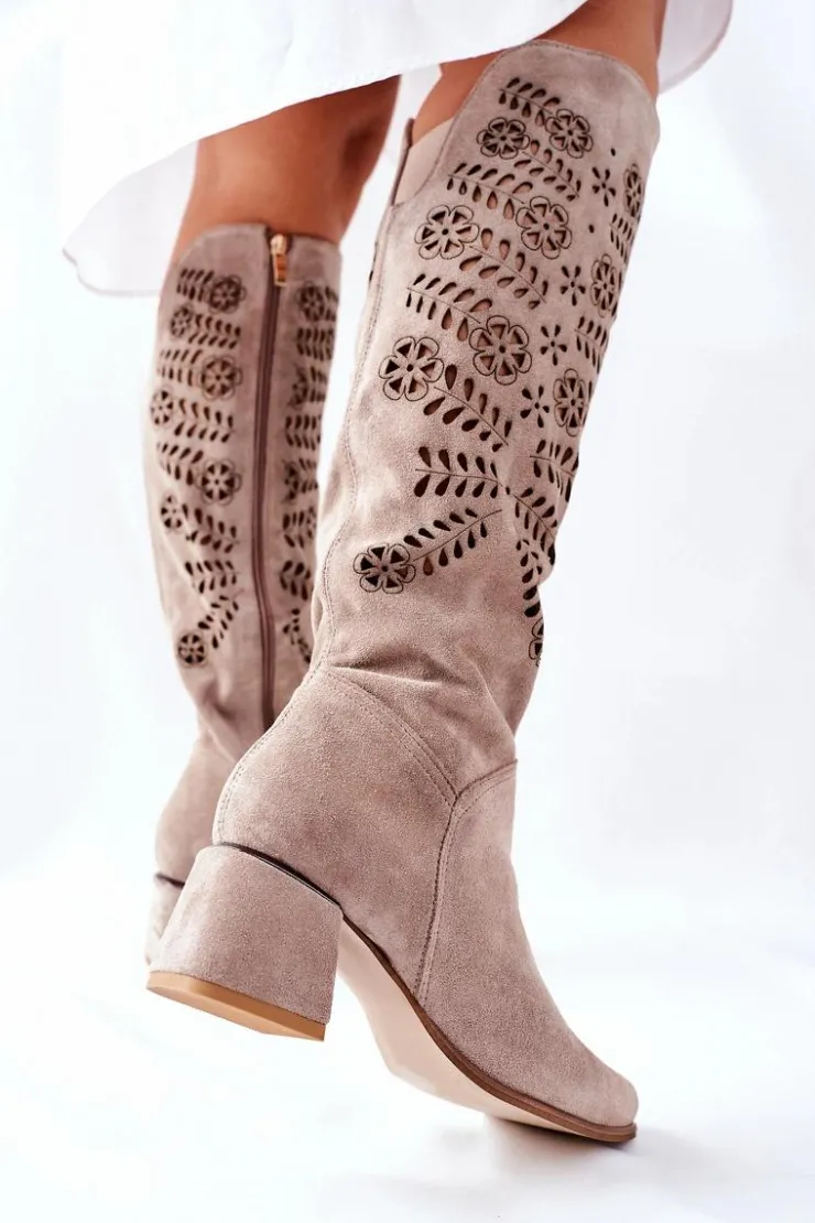 Online Boto Zamszowe Kozaki Lewski Ażurowe Beżowe Romena