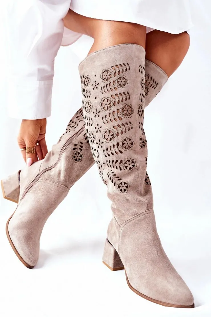 Online Boto Zamszowe Kozaki Lewski Ażurowe Beżowe Romena