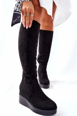 Damskie Damskie buty S.Barski Zamszowe Kozaki Na Koturnie S. Barski Czarne Celina