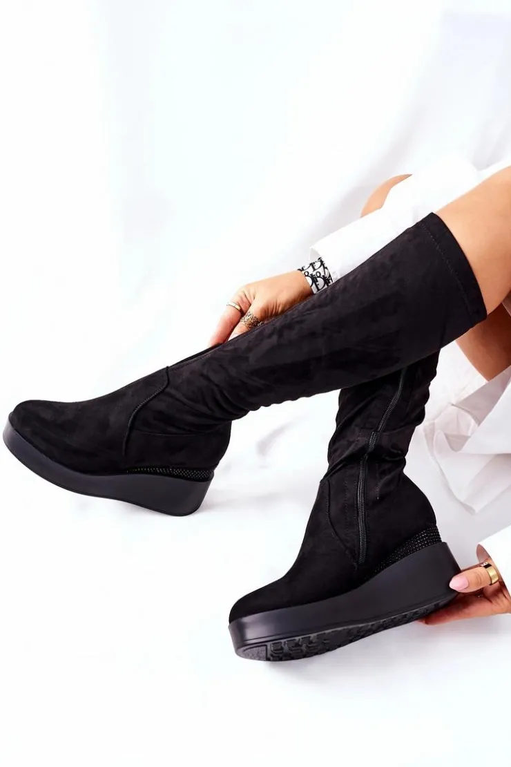 Damskie Damskie buty S.Barski Zamszowe Kozaki Na Koturnie S. Barski Czarne Celina