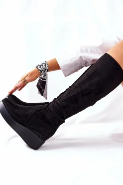 Damskie Damskie buty S.Barski Zamszowe Kozaki Na Koturnie S. Barski Czarne Celina