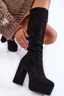 Boto Kozaki Wiosenne|Kozaki Przed Kolano*Zamszowe Kozaki Na Masywnym Obcasie I Platformie Czarne Nevira