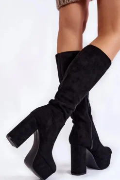 Boto Kozaki Wiosenne|Kozaki Przed Kolano*Zamszowe Kozaki Na Masywnym Obcasie I Platformie Czarne Nevira