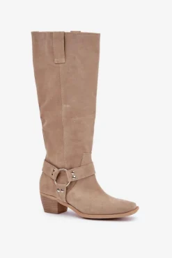 Online Zazoo Zamszowe Kozaki Na Niskim Obcasie Z Cholewką Przed Kolano 3444/O Jasnobeżowe Beżowy