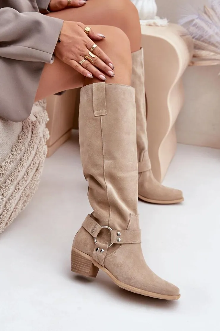 Online Zazoo Zamszowe Kozaki Na Niskim Obcasie Z Cholewką Przed Kolano 3444/O Jasnobeżowe Beżowy
